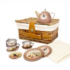 Tin Tea Set for 4 with Wicker Basket