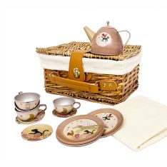 Tin Tea Set for 4 with Wicker Basket