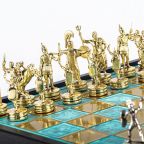 Greek Mythology Chess Set - Turquoise & Brass Board Inlaid Wooden Case